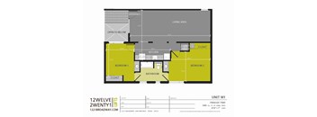 A floor plan for a 2 bedroom apartment with a living area, kitchen, and bathroom.
