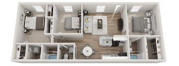 A top-down view of a small apartment with a kitchen, living room, and bedroom.