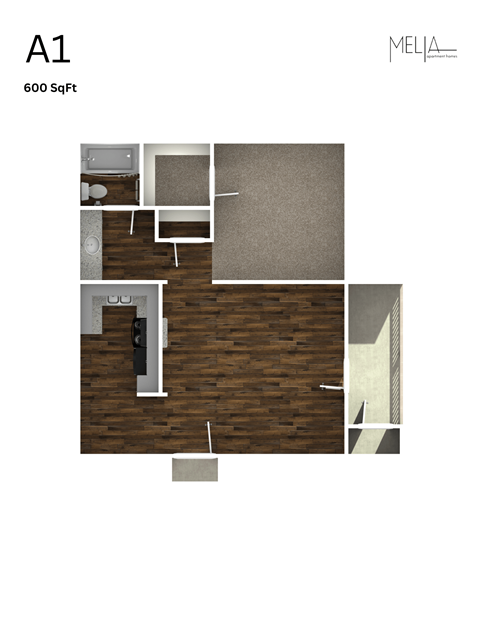 A1 - 1 Bed 1 Bath Floor Plan at Melia, San Antonio, TX, 78229
