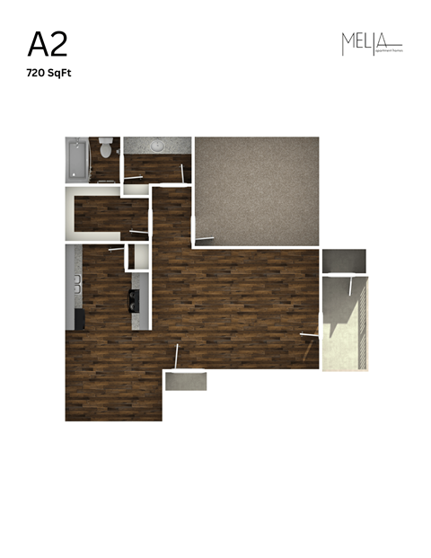 A2 - 1 Bed 1 Bath Floor Plan at Melia, San Antonio, TX