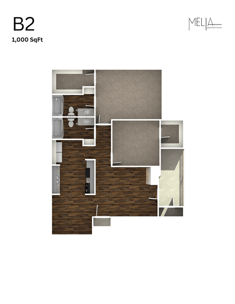 B2 - 2 Bed 2 Bath Floor Plan at Melia, San Antonio