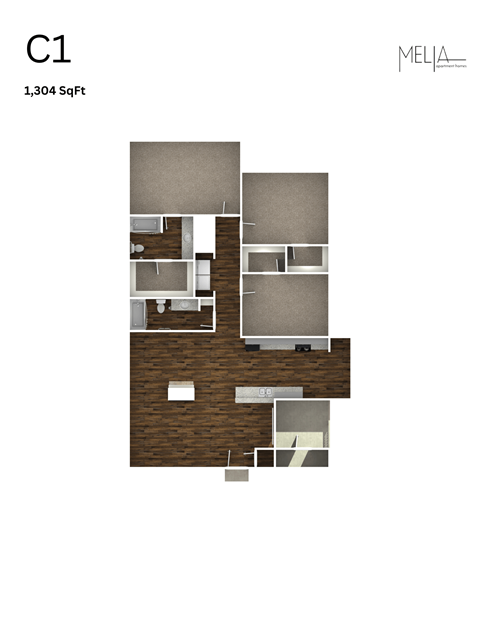C1 - 3 Bed 2 Bath Floor Plan at Melia, San Antonio, TX, 78229