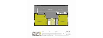 A floor plan of a one bedroom apartment with a living area, kitchen/dining area, and two bathrooms.