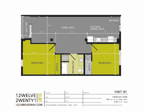 A floor plan of a one bedroom apartment with a living area, kitchen/dining area, and two bathrooms.