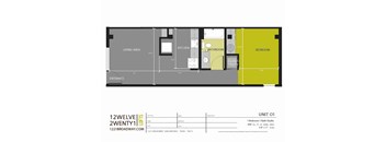 A floor plan for a 1 bedroom 1 bath studio apartment.