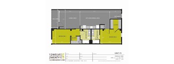 A floor plan of a one bedroom apartment with a living area and a kitchen/dining area.