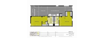 A floor plan for a 2 bedroom apartment with bathrooms, a kitchen, a living area, and a dining area.