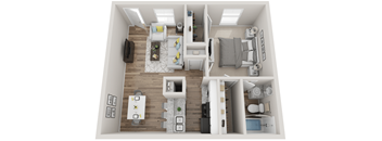 A top-down view of a small apartment with a kitchen, living room, and bedroom.