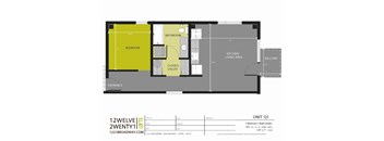 A floor plan for a 1 bedroom apartment at 1221 Broadway San Antonio Texas.