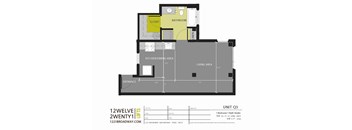 A floor plan for a 1 bedroom 1 bathroom studio apartment.