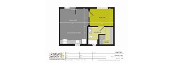 A floor plan for a 1 bedroom 1 bath apartment in San Antonio, Texas.