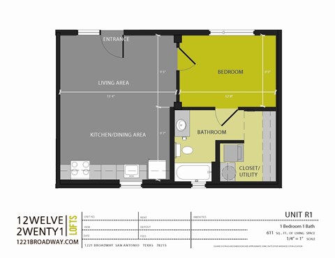 A floor plan for a 1 bedroom 1 bath apartment in San Antonio, Texas.