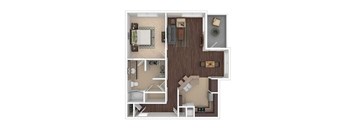 A floor plan of a small apartment with a kitchen, living room, and bathroom.