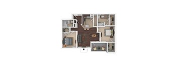 A top-down view of a house layout with a kitchen, living room, and bedrooms.