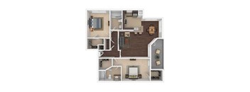 A 3D floor plan of a house showing a kitchen, living room, dining room, and bedrooms.