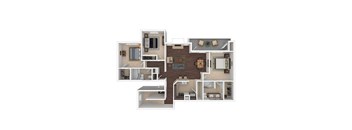 A floor plan of a house with a kitchen, living room, and two bedrooms.