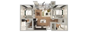a 3d rendering of a floor plan with a bedroom and a living room