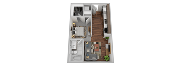 A 3D floor plan of a small apartment with a kitchen, living room, and bathroom.
