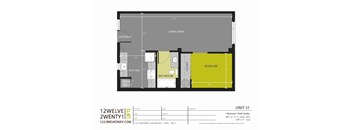 A floor plan for a 1 bedroom 1 bath studio apartment.