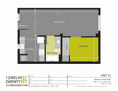 A floor plan for a 1 bedroom 1 bath studio apartment.