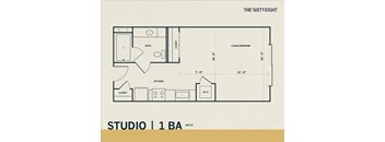 A floor plan for a studio apartment with one bedroom.