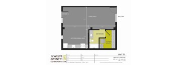 A floor plan for a 1 Bedroom 1 Bath Studio apartment.