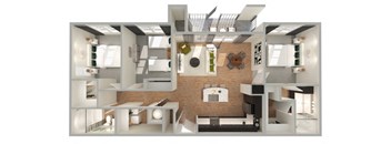 a 3d floor plan of a house with a bedroom and a living room