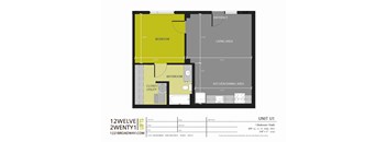 A floor plan for a 12 by 12 unit with a bedroom, bathroom, living area, and kitchen/dining area.