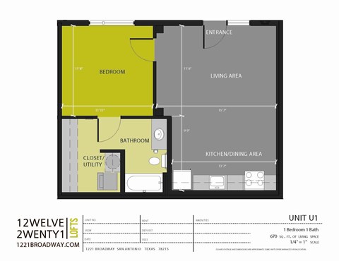A floor plan for a 12 by 12 unit with a bedroom, bathroom, living area, and kitchen/dining area.