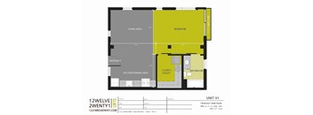 A floor plan of a one bedroom apartment with a bathroom and a living area.