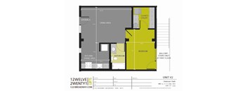 A floor plan for a 1 bedroom apartment at 1221 Broadway San Antonio Texas.