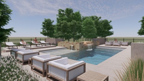 a resort style pool with a waterfall and lounge chairs at Villas of Mason Hills, Leander, TX