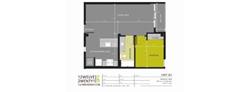 A floor plan for a 1 bedroom apartment in San Antonio.