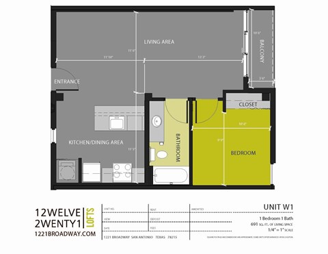 A floor plan for a 1 bedroom apartment in San Antonio.