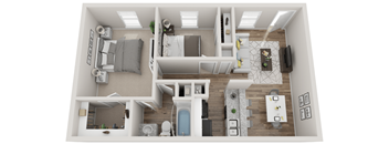 A 3D rendered image of a modern apartment layout.