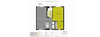 A floor plan for a living area, bedroom, bathroom, and kitchen with a balcony.