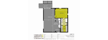 A floor plan for a 1 bedroom apartment at 1221 Broadway, San Antonio, Texas.
