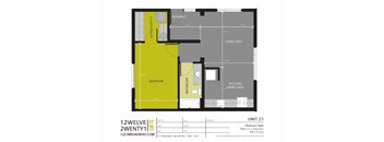 A floor plan for a living area, bedroom, and kitchen/dining area.