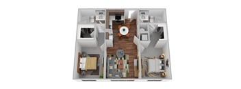 A 3D floor plan of a house with a central open space and surrounding rooms.