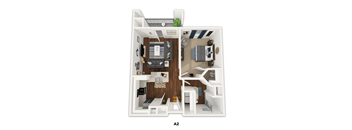 A 2 bedroom apartment with a living room, kitchen, and bathroom.