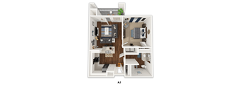 A 3D floor plan of a small apartment with a living room, kitchen, and bedroom.