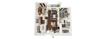 A floor plan of apartment B2 with a living room, kitchen, and two bedrooms.