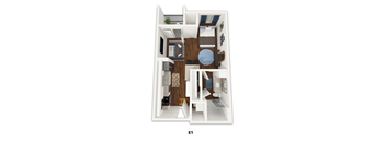 A 3D floor plan of a small apartment with a living room, kitchen, and bathroom.