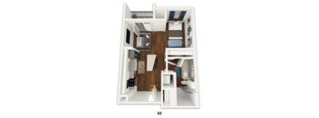 A 3D floor plan of a small apartment with a living room, kitchen, and bedroom.