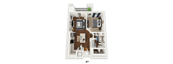 A 3D floor plan of a small apartment with a living room, kitchen, and bathroom.