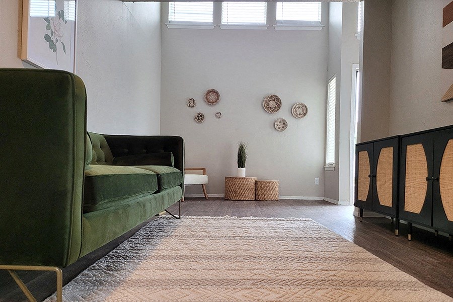 a living room with a green couch and a rug