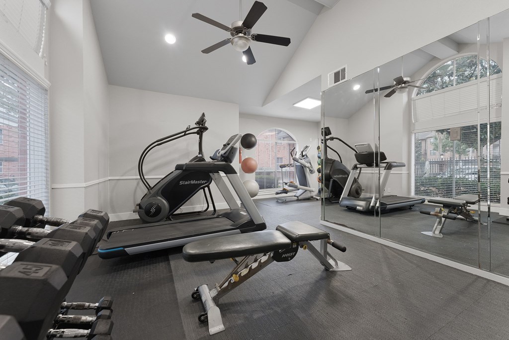 A gym with a treadmill, weights, and a mirror.