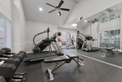 Fitness with cardio and weight equipment at Monarch Medical Center Apartments, Houston
