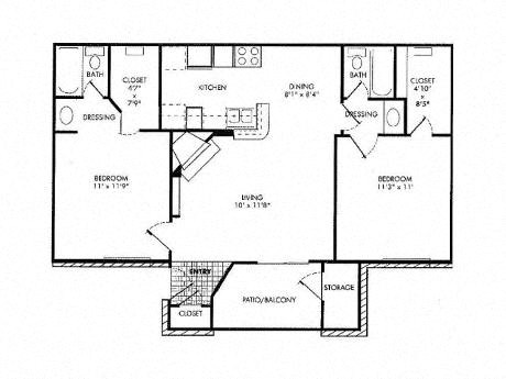 A floor plan of a house with two bedrooms, a bathroom, a kitchen, a dining area, and a storage space.