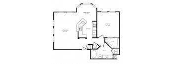 A black and white image of a house floor plan with a living room, dining room, kitchen, bedroom, bathroom, and closet.